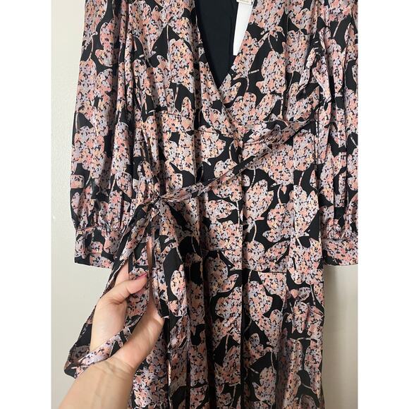 ANTHROPOLOGIE DRESS CABALLERO WRAP MIDI METALLIC FLORAL BLACK CORAL TAN FALL - Picture 8 of 16